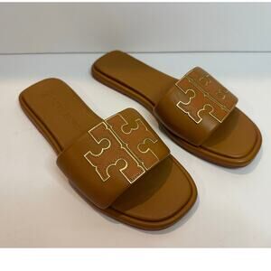 Tory Burch Double T Sport Slide Sandals Women's 9.5 Leather Bourbon Chic